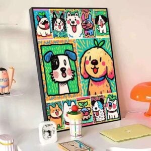Colourful Cartoon Cats and Dogs Wall Art Playful Pet Canvas Print