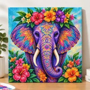 Colorful Elephant Diamond Painting Kit with Floral Design